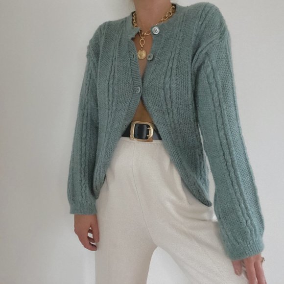 Vintage L.L. Bean Sage Green Mohair Cable Knit Cardigan Sweater - Picture 5 of 13